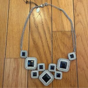 White House Black Market WHBM Smoky Grey Faceted Rhinestone Mesh Necklace Silver